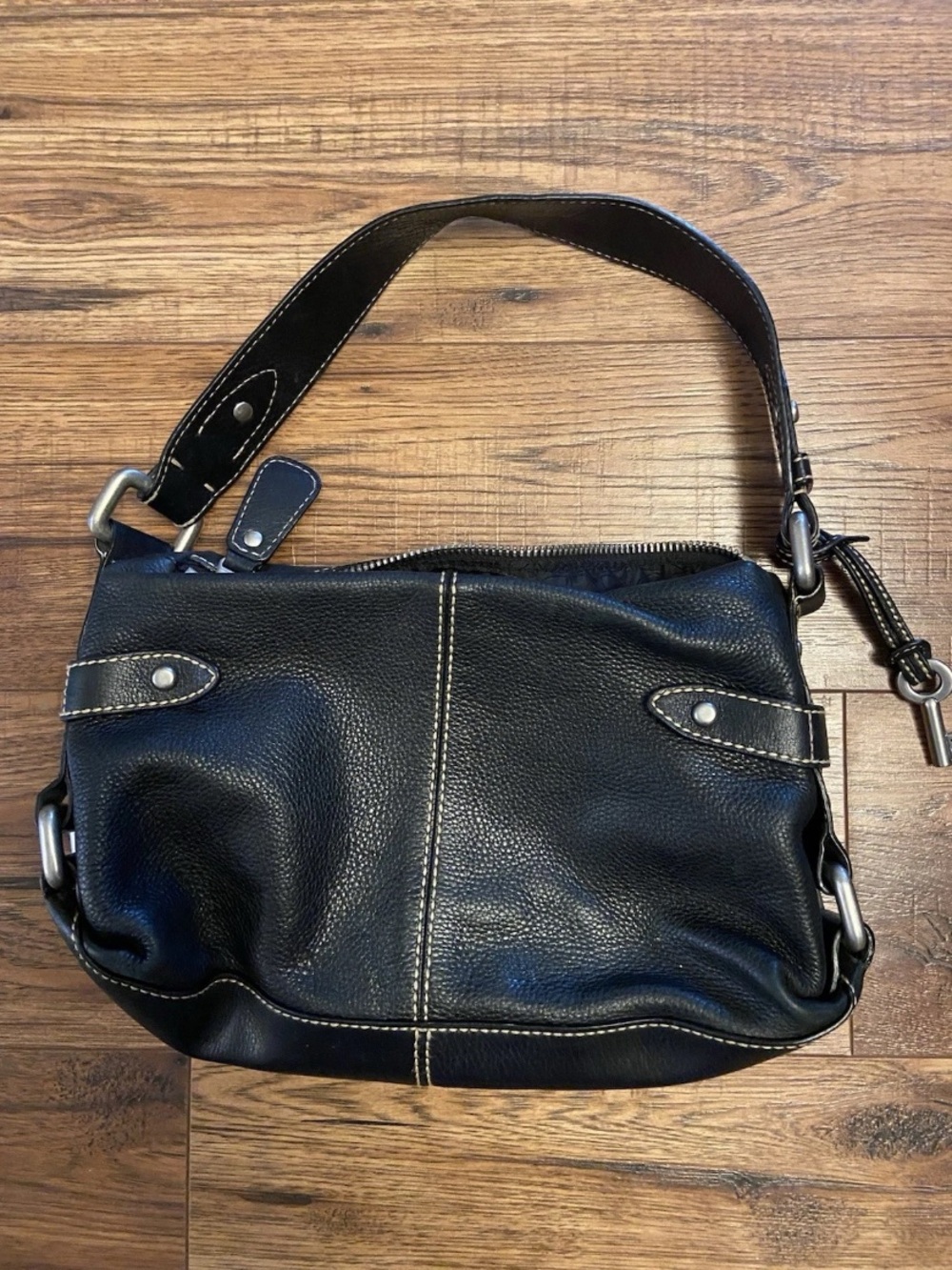 FOSSIL Black Leather Hobo Handbag Shoulder Purse Bag Classic Zip-Top Y2K - Picture 2 of 8